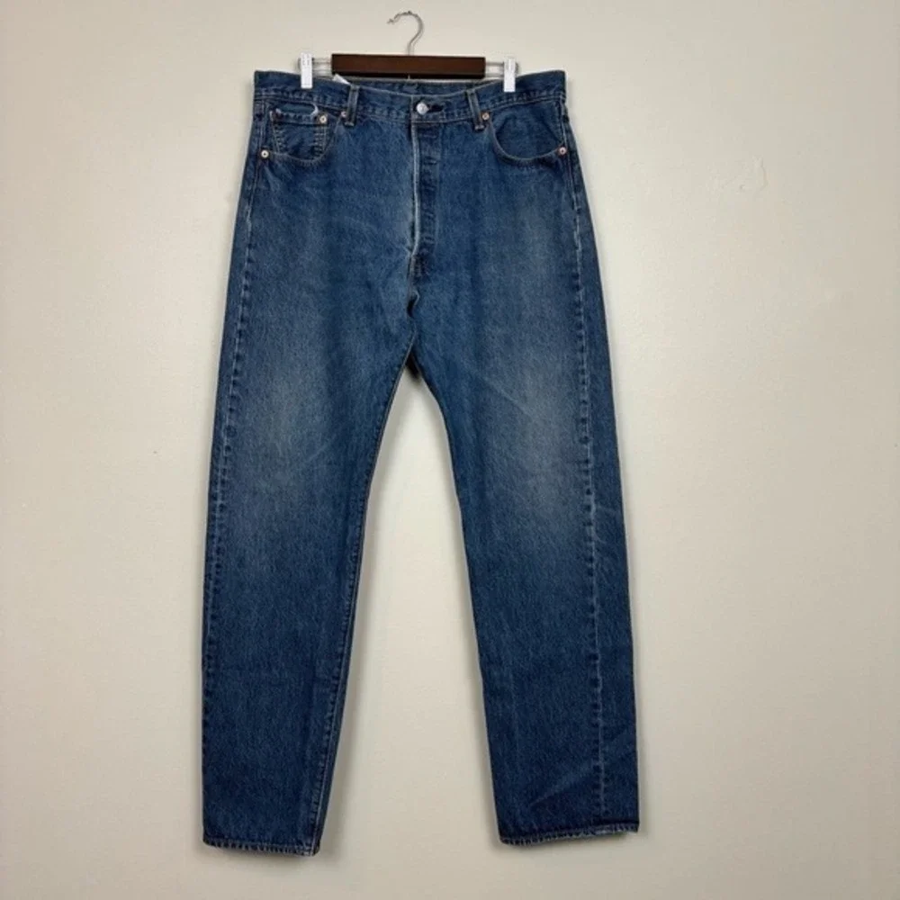 Levis Jeans Mens 36X34.5 Blue 501 Hidden Button Fly Straight Leg Denim‎